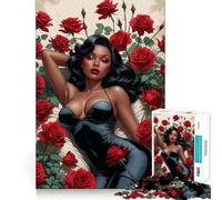 Puzzles for Adults 1000 Puzzles Black Pin-Up with Sexy Black Bodysuit in Red Roses Tight Cut Fun, Focus Building Toy, Leisure Fun Time, Birthday Art Play (38x52cm)