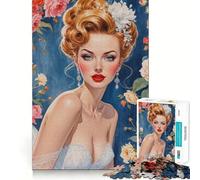 Puzzles for Adults 1000 Puzzles Blonde Pin-Up Bride with Floral Background Tight Cut Fun, Focus Building Toy, Leisure Fun Time, Birthday Art Play (38x26cm)
