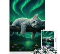 Puzzles for Adults 1000 Puzzles Cat Under The Northern Lights Educational Toy Gift Birthday Practical Game with Matching Poster And Trivia Sheet Size 38x26cm