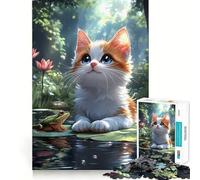 Puzzles for Adults 1000 Puzzles Turkish Van Cat And Frog on Lily Pad Animal Exact Fit Game Brain Teaser Gift Calm Fun Time Xmas Art Gift(38x26cm)