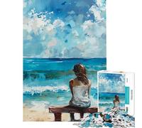 Puzzles for Adults 1000 Puzzles Woman on Bench Overlooking Ocean Painting Jigsaw Puzzle 1000 Educational Toy Enhance Memory Birthday Present, Gifts, (50x75cm)
