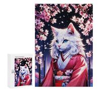 Puzzles for Adults 300 PCS Anime Cat in Kimono Jigsaw for Adults Relaxing Games Analysis And Logic Unique Birthday And Xmas Gifts 300 PCS