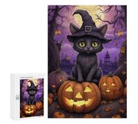 Puzzles for Adults 300 PCS Halloween Black Cat with Pumpkins Jigsaw for Teenagerss Pattern Assembly Parent-child Interaction Beautiful Design Game 300 PCS
