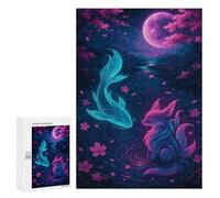 Puzzles for Adults 300 PCS Koi Fish And Fox in Moonlight Jigsaw for Teenagerss Pattern Assembly Parent-child Interaction Beautiful Design Game 300 PCS