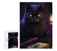 Puzzles for Adults 300 PCS Magical Black Cat with Candle Jigsaw Puzzles for Teenagerss Stress Reliever Educational Challenge Christmas Birthday Gifts 300 PCS