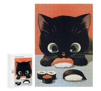Puzzles for Adults 300 PCS Puzzles Black Cat with Sushi Feast Puzzles for Adults Toy Wall Decor Difficult Hard Help The Brain Exercise 300 PCS