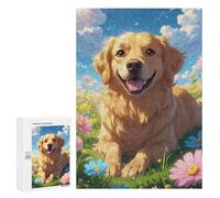 Puzzles for Adults 300 PCS Puzzles Happy Golden Retriever Dog in Sunny Flower Meadow - Cute Anime Style Cartoon Dog Portrait Art Puzzles for Adults Toy Wall Decor Difficult Hard Help The Brain Exercis