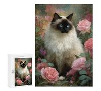 Puzzles for Adults 300 PCS Siam Cat with Pink Roses Puzzle For Teenagers Improve Memory Challenging To Complete Challenging Family Fun Game 300 PCS