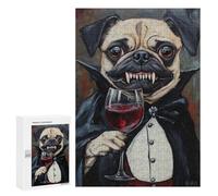Puzzles for Adults 300 PCS Vampire Pug with Wine Glass Jigsaws for Adults Puzzle Difficult Challenge Help The Brain Exercise Unique Challenge Game 300 PCS