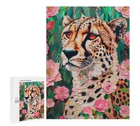 Puzzles for Adults 500 PCS Cheetah in Flowers Art Print Jigsaws for Adults Puzzle Difficult Challenge Help The Brain Exercise Unique Challenge Game 500 PCS