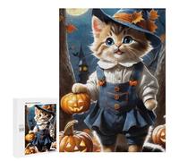 Puzzles for Adults 500 PCS Halloween Kitten in Witch Costume Jigsaw for Teenagerss Pattern Assembly Parent-child Interaction Beautiful Design Game 500 PCS