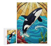 Puzzles for Adults 500 PCS Puzzles Orca Stained Glass Style Illustration Puzzles for Adults Toy Wall Decor Difficult Hard Help The Brain Exercise 500 PCS