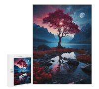 Puzzles for Adults 500 PCS Red Tree by Lake at Night Jigsaws for Adults Relaxing Games Enhance Memory Unique Birthday And Xmas Gifts 500 PCS