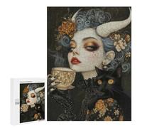 Puzzles for Adults 500 PCS Witchcore Tea Time with Black Cat Familiar Jigsaws for Adults Relaxing Games Enhance Memory Unique Birthday And Xmas Gifts 500 PCS