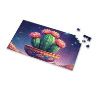 Puzzles For Adults 500 Pieces A Vibrant Cactus With Pink Flowers In A Colorful Pot Under A Starry Sky Picture Puzzle Puzzle Easter Gifts For Toddlers(300PCS)