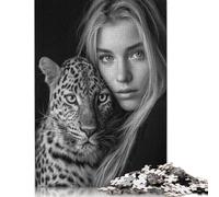 Puzzles for Adults And Monochrome Portrait Woman And Leopard 500 Piece Jigsaw Puzzle Game Wooden Puzzle for Adults & for Age 18 And Up Brain Teaser Game 500pcs (52x38cm)