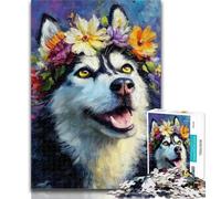 Puzzles for Adults Husky with Flowers Jigsaws 1000 Pieces for Adults,with Fully Interlocking Randomly Shaped Pieces for And 14 Years Old 26x38cm