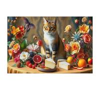 Puzzles for Adults Jigsaw Puzzles 1000 Pieces for Adults Kids，Cat on a table with flowers and fruit in the style of the Old Masters，Artwork Intellective Educational Toys Gifts（38x26cm）-AK60