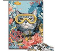 Puzzles for Adults Teens 1000 Pieces Diver Cat,Stress Reliever Staycation Kill Time with Matching Poster And Trivia Sheet 38X26CM
