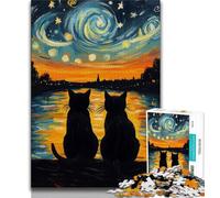 Puzzles for Adults Teens 1000pc Puzzle Black Cat Under The Night Sky,Stress Reliever Difficult Challenge Is Ideal As Gifts for The Whole Family 38x26cm