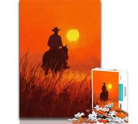 Puzzles for Adults Teens 1000pc Puzzle Cowboys at Sunset,Stress Reliever Difficult Challenge with Matching Poster And Trivia Sheet (38x26cm)