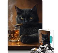 Puzzles for Adults Teens 1000pc Puzzle Drinking Black Cat,Stress Reliever Difficult Challenge with Matching Poster And Trivia Sheet (38x26cm)