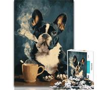 Puzzles for Adults Teens 1000pc Puzzle French Bulldog Drinking Coffee,Stress Reliever Difficult Challenge with Matching Poster And Trivia Sheet (75x50cm)