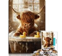 Puzzles for Adults Teens 1000pc Puzzle Highland Cow in The Bathroom,Stress Reliever Difficult Challenge with Matching Poster And Trivia Sheet (75x50cm)