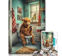 Puzzles for Adults Teens 1000pc Puzzle Highland Cow on The Toilet,Stress Reliever Difficult Challenge with Matching Poster And Trivia Sheet (75x50cm)