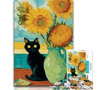 Puzzles for Adults Teens 1000pc Puzzle Sunflowers And Cats,Stress Reliever Difficult Challenge with Matching Poster And Trivia Sheet (38x26cm)