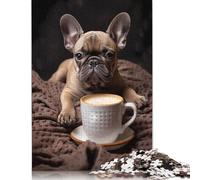Puzzles for Adults Teens French Bulldog Pup Coffee 500 Piece Jigsaw Puzzles Wooden Jigsaw for Adults Family Fun Puzzles Games 500pcs (52x38cm)