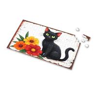 Puzzles For Kids Ages 4-6 A Black Cat With Green Eyes Sits Beside Vibrant Orange And Red Flowers. Picture Puzzle Easter Gifts For Teens 4 Year Old Girl Birthday Gi(300PCS)