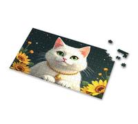 Puzzles For Kids Ages 4-6 A White Cat With Green Eyes Wearing A Golden Necklace Surrounded By Sunflowers. Picture Puzzle Easter Gifts For Teens 4 Year Old Girl Birthday Gi(1000PCS)