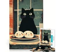 Puzzles for Teenagers 1000 Piece Black Cat And Mochi Illustration Fine Cut Art Smart Mind Activity Cozy Time Play Christmas Calm Gift (38x26cm)