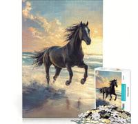 Puzzles for Teenagers 1000 Piece Black Horse Freedom by The Sea, Brain Teaser Game, Challenging To Complete, Deal As Gifts for The Whole Family 38x26cm