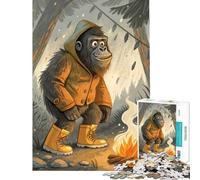 Puzzles for Teenagers 1000 Piece Cartoon Gorilla Camping in The Rain Help The Brain Exercise Difficult Hard Family Game Suitable for People Aged 14 And Above (38x26cm)