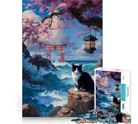 Puzzles for Teenagers 1000 Piece Cat by The Sea with Torii Gate Neat Cut Decor Creative Fun Toy Peace Game Play Christmas Art Piece (50x75cm)