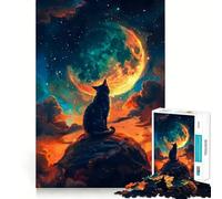 Puzzles for Teenagers 1000 Piece Cat Gazing at The Moon Neat Cut Decor Creative Fun Toy Peace Game Play Christmas Art Piece (38x26cm)