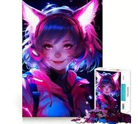 Puzzles for Teenagers 1000 Piece Cat Girl Pink Neon Anime Neat Cut Decor Creative Fun Toy Peace Game Play Christmas Art Piece (38x52cm)