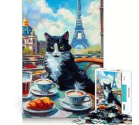 Puzzles for Teenagers 1000 Piece Cat in Paris Cafe Neat Cut Decor Creative Fun Toy Peace Game Play Christmas Art Piece (50x75cm)