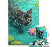 Puzzles for Teenagers 1000 Piece Cat Swimming in Lily Pond, Hands-on Game, Staycation Kill Time, with Matching Poster And Trivia Sheet 38x52cm