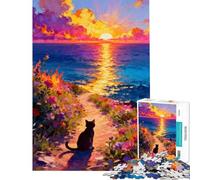 Puzzles for Teenagers 1000 Piece Cat Watching Sunset by The Sea Help The Brain Exercise Difficult Hard Family Game Suitable for People Aged 14 And Above (38x52cm)