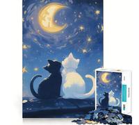Puzzles for Teenagers 1000 Piece Cats Under The Moon - Cat Lovers Clean Edge Game Problem Solve Fun Slow Play Fun Birthday Art Play (38x52cm)