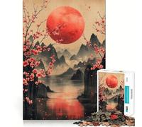 Puzzles for Teenagers 1000 Piece Cherry Blossoms, Mountains, And Red Moon Clean Edge Game Problem Solve Fun Slow Play Fun Birthday Art Play (50x75cm)