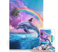 Puzzles for Teenagers 1000 Piece Dolphin Jumping Rainbow, Relaxing Games, Difficult Challenge, Artists Collection, Fine Art 38x52cm