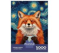 Puzzles for Teenagers 1000 Piece Fox Enjoying Coffee Under Starry Night Puzzles for Adults Brain Teaser Game Improve Memory Fun Activities at Home 70x50cm/1000pcs