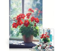 Puzzles for Teenagers 1000 Piece Red Geranium Flowers by Window Educational Game Difficult Hard Artists' Collection Fine Arts 38x26cm