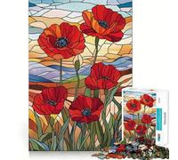 Puzzles for Teenagers 1000 Piece Stained Glass Poppies Neat Cut Decor Creative Fun Toy Peace Game Play Christmas Art Piece(38x26cm)