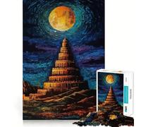 Puzzles for Teenagers 1000 Piece Tower of Babel Under Full Moon Neat Cut Decor Creative Fun Toy Peace Game Play Christmas Art Piece (38x52cm)
