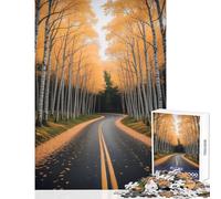 Puzzles for Teenagers 1000 Pieces Autumn Road Through Birch Tree Forest Nature Educational Game Hand Speed Race DIY Toys with Matching Poster And Trivia Sheet (38X26CM)
